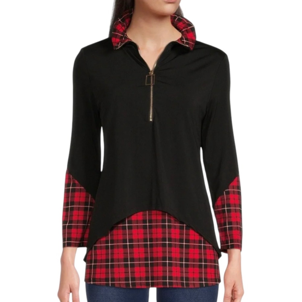 NWT Calessa BLACK SLINKY KNIT TUNIC TOP Red Tartan Plaid Trim Gold Zipper SIZE L